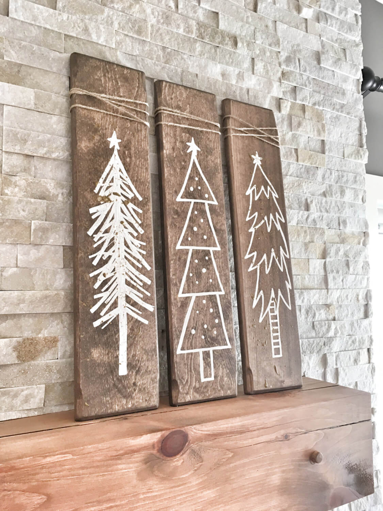 Rustic Wood board trio Christmas Trees Sign - one of the easiest and fun DIY rustic Christmas ornaments you can do with your family this holiday season!