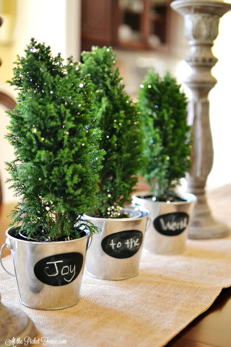 "Joy to the World" Rustic Pots with Miniature Christmas Trees