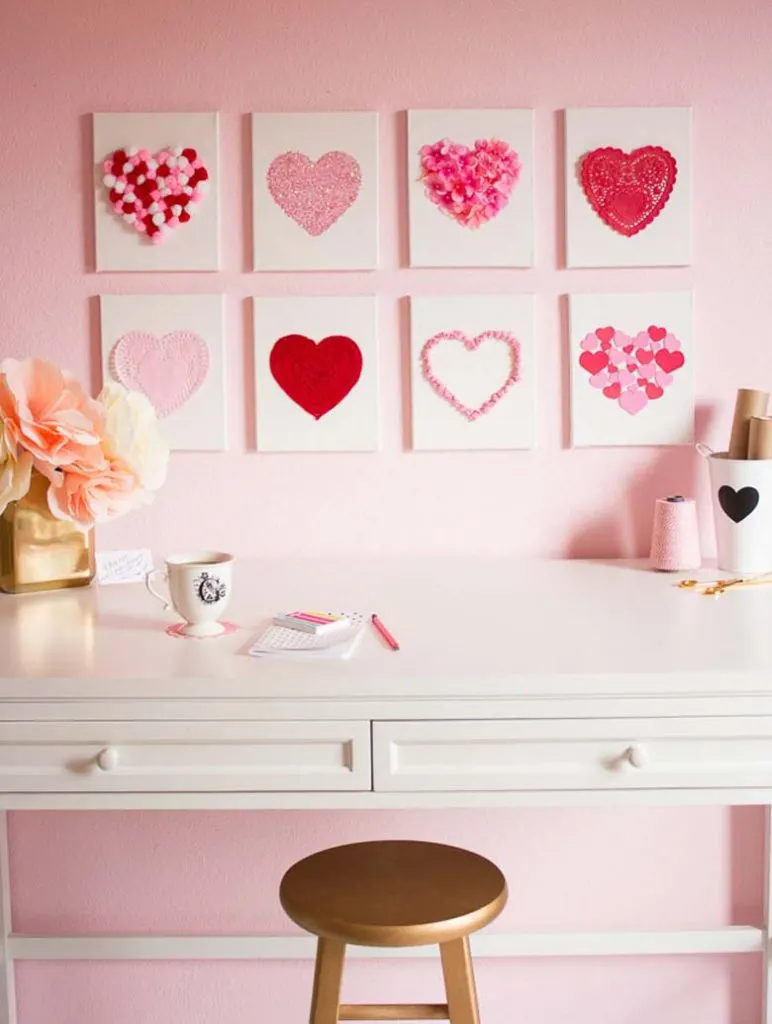 Canvas Hearts Easy Valentine Day Home Décor by craft-mart.com homemade valentine decorations, valentines day decor diy, valentines day ideas, valentine decorations ideas, valentine decorations for office #valentineDIY, #valentinedecorDIY
