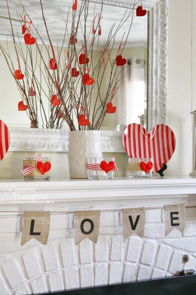 Easy Homemade Valentine Day Décor recommended by craft-mart.com homemade valentine decorations, valentines day decor diy, valentines day ideas, valentine decorations ideas, valentine mantel decor, dollar tree valentine decor #valentineDIY, #valentinedecorDIY