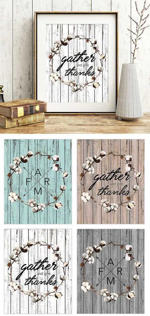 8 Free Farmhouse Printables on Distressed Wood Background