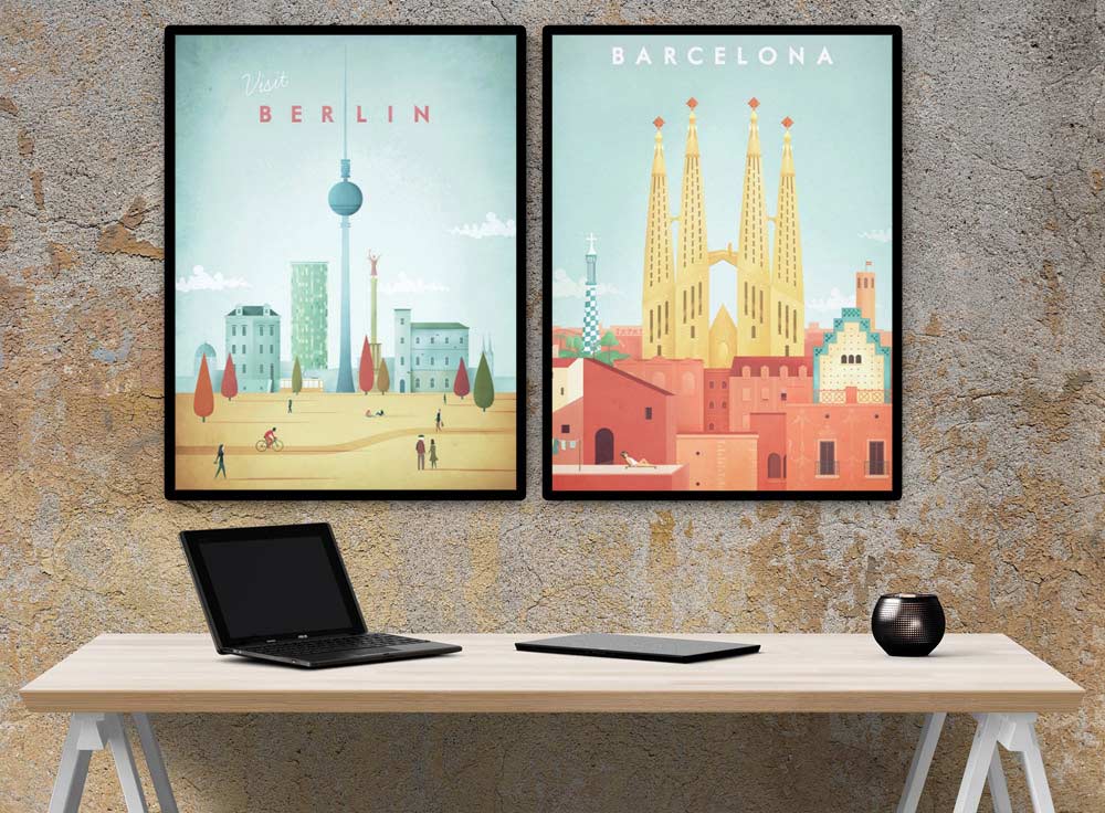 Travel posters by Henry Rivers - visit Berlin and visit Barcelona - multi-panel composition