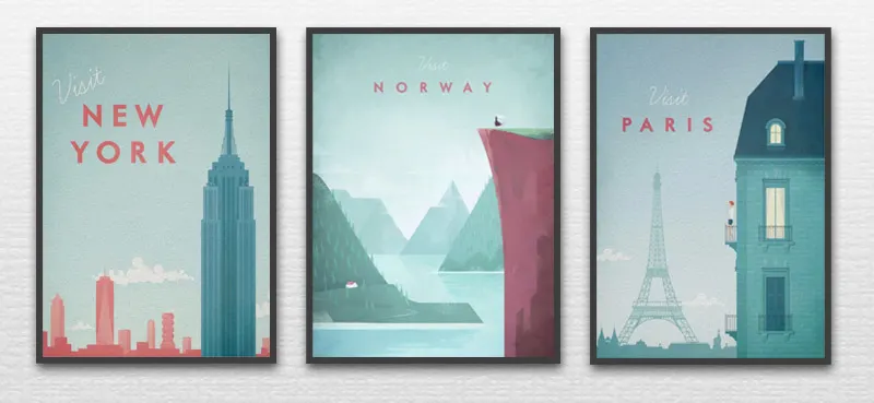 3 Vintage Travel Posters by Henry Rivers: Visit New York, Visit Norway, Visit Paris