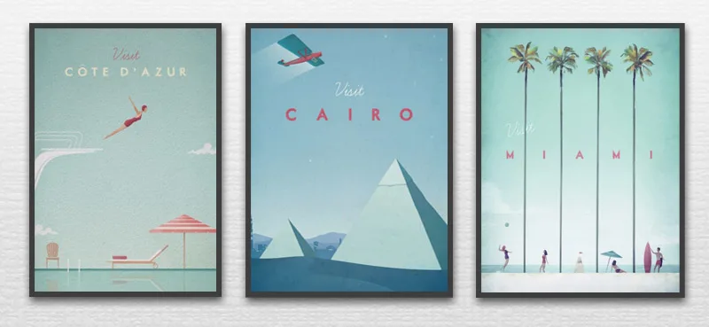 Multi panel canvas prints by Henry Rivers - 3 retro travel posters: visit Cote d'azur, visit Cairo, visit Miami