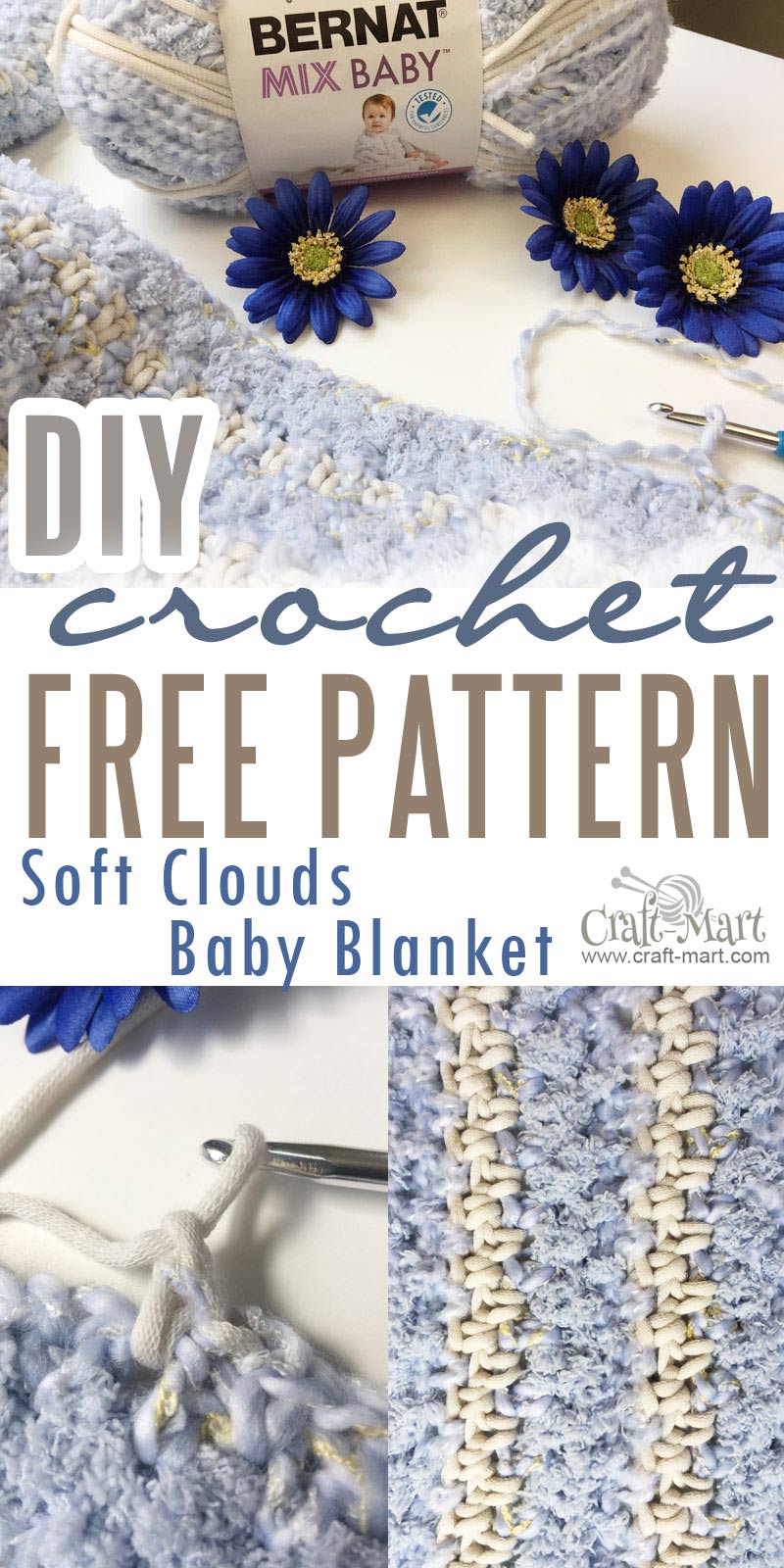 This is the fastest and easiest DIY Crochet Baby Blanket Pattern you will ever find! Crochet it with 3 skeins of Bernat Baby Mix Yarn - it so simple that even beginners will have no problems crocheting this beautiful, soft, and cuddly blanket. Perfect if you are in a hurry to finish a crochet blanket by the deadline. #crochetDIYbabyblanket #easycrochetblanket #diyproject #freecrochetblanketpattern 