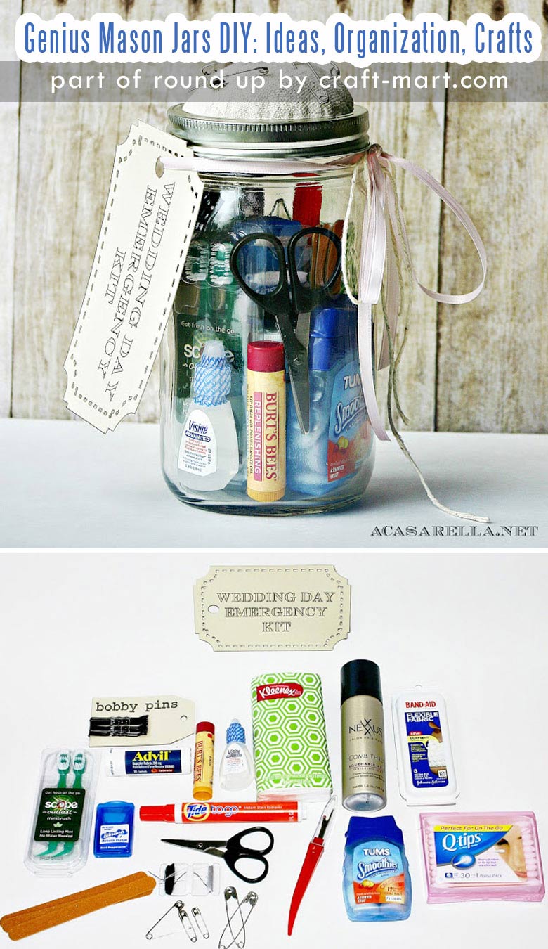 Genius Mason Jars DIY: Ideas, Organization, Crafts collection by craft-mart.com DIY Mason Jar Wedding Day Emergency Kit #masonjars #masonjarsdiy #diyprojects #masonjarsgifts #masonjarsorganization