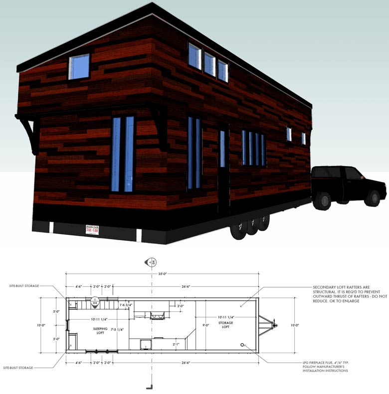 Tamarack mobile tiny house floor plan for building your dream home without spending a fortune. Your tiny house doesn't have to be ugly or weird - just look at these architectural masterpieces! Chose from traditional plans to mobile tiny house plans that will allow you to change your lifestyle and travel!