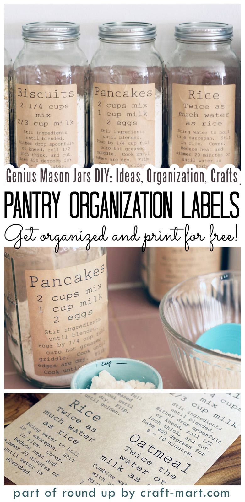 Genius Mason Jars DIY: Ideas, Organization, Crafts collection by craft-mart.com Pantry Organization Labels for Mason Jar Storage Solution #masonjars #masonjarsdiy #diyprojects #masonjarsorganization #masonjarspantry #masonjarsfreelabels