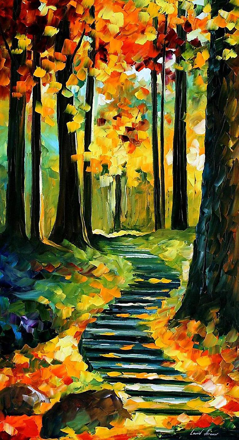 Looking for cool things to do with a blank canvas? A path in a forest with a glowing foliage is simply enchanting!