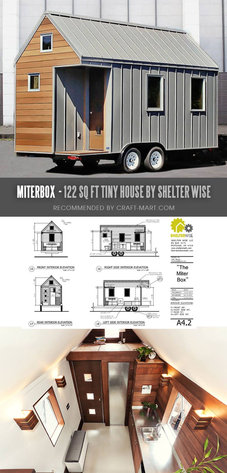 Tiny House Trailer Miterbox - A Modern Retreat or Minimalist Flat - one of the most affordable tiny houses on wheels. You can order it to be built or build it yourself using this mobile tiny house plans. #tinyhouse