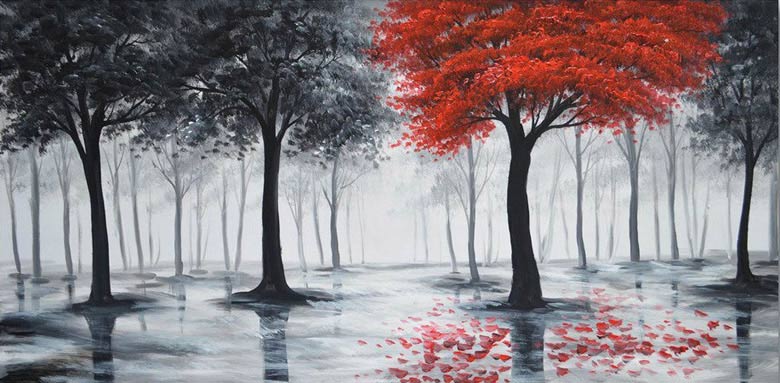 Looking for easy canvas painting ideas for beginners? Painting more realistic trees with one color accent will require a bit more skills but will make your canvas more sophisticated