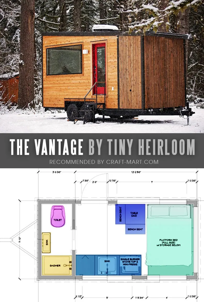 Tiny House Trailer - The Vantage by Tiny Heirloom - One of the 17 Best Custom Tiny House Trailers and Kits with Plans, the most affordable tiny houses on wheels. You can order a shell to be built or build it yourself using this mobile tiny house plans saving thousands of dollars. #tinyhouse #tinyhouseplans #minimalism #diy
