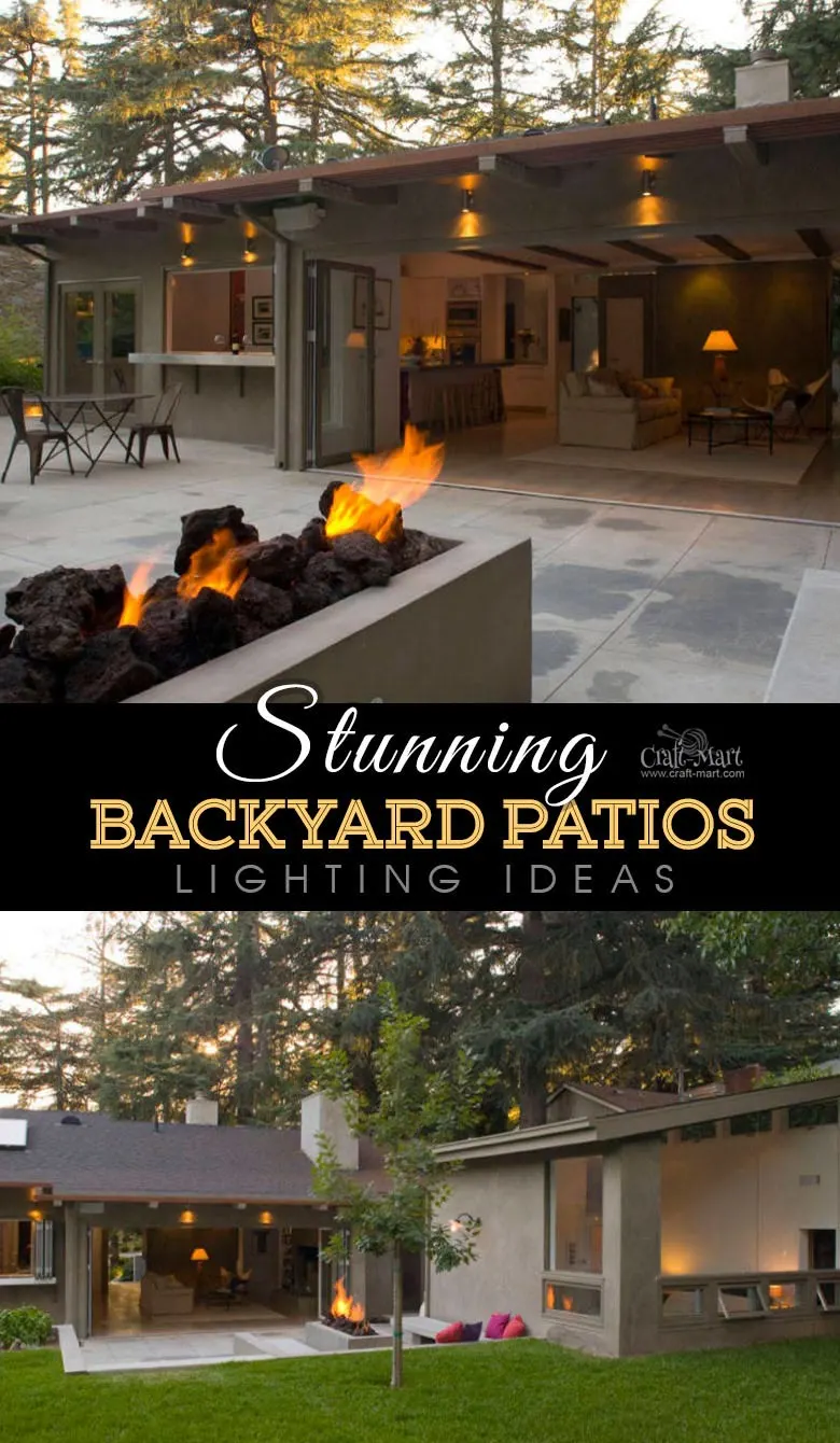 Functional small patio with ceiling lights and gas firepit. Patios with lights #patio