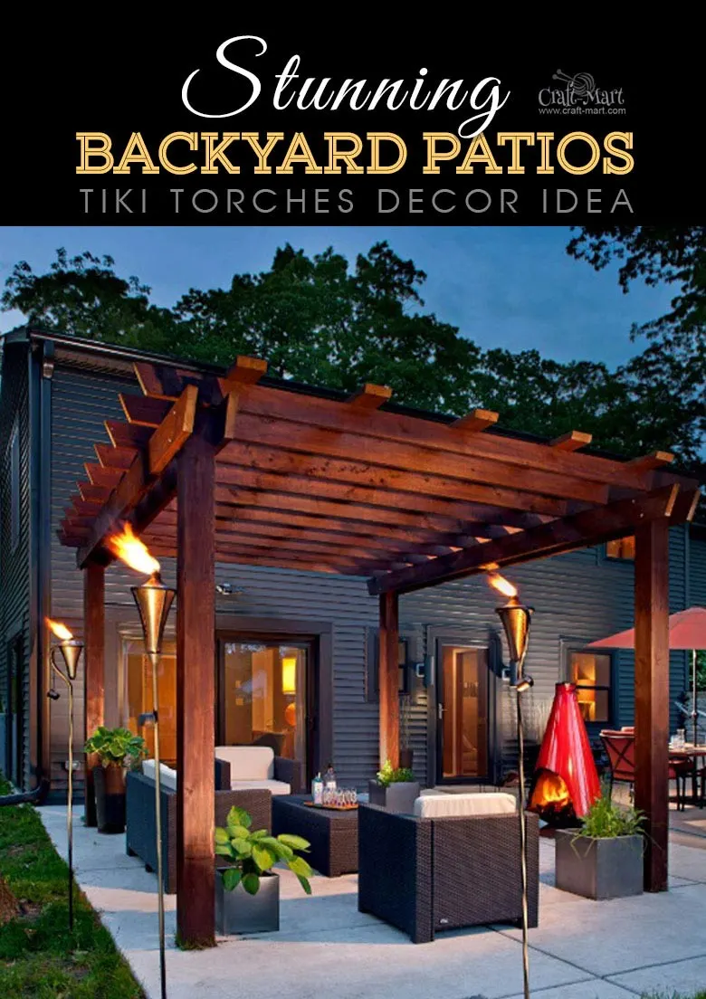 Using tiki torches for back patio lighting solution. One of the best backyard patio designs with outdoor ceiling lights that may help with your own patio ideas or outdoor landscape lighting. Perfect for small backyard patio. #outdoorspace #outdoordecor #outdoorspaces #patiodecor #patio