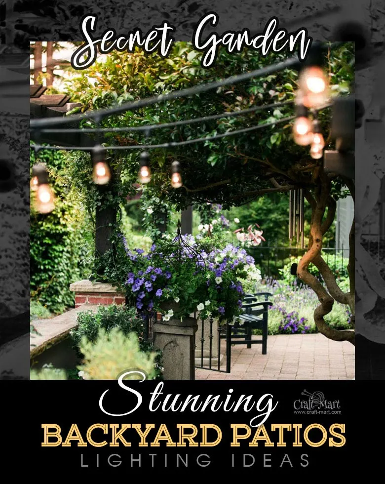 Secret garden with simple string lights. One of the best backyard patios with lights designs that may help with your own patio ideas or outdoor landscape lighting. Perfect for small backyard patio. #outdoorspace #outdoordecor #outdoorspaces #patiodecor #patio