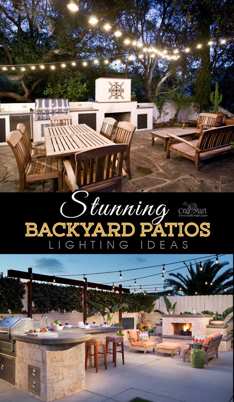 Paved patios with outdoor kitchen and string lights. One of the best backyard patios with lights designs that may help with your own patio ideas or outdoor landscape lighting. Perfect for small backyard patio. #patio
