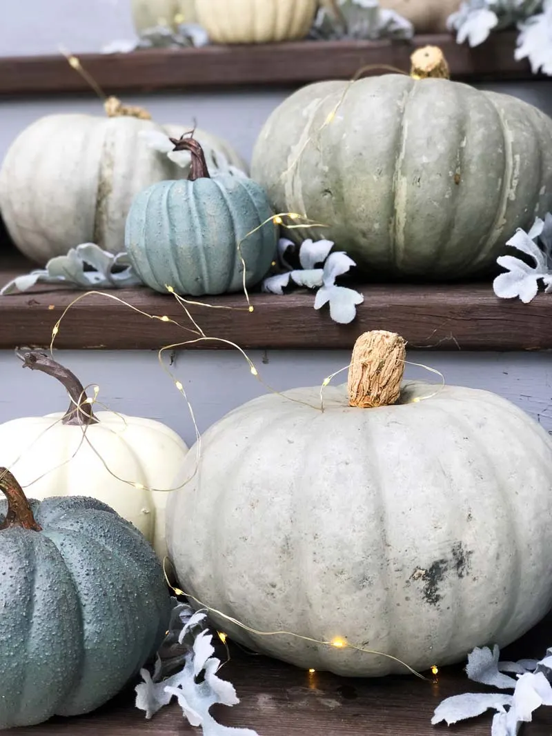 White and Grey Pumpkin Decor with Mini Lights