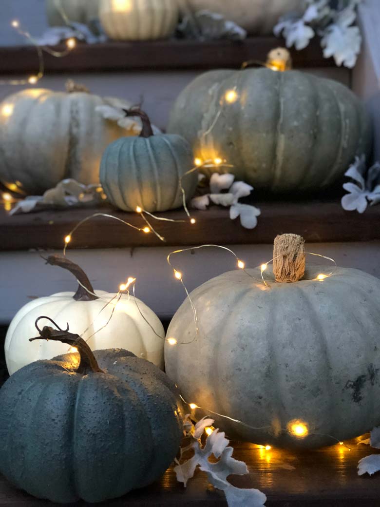 small front porch decorating ideas - a welcoming suburban fron porch with a gorgeous display of white and grey pumpkins from a local farm and an array of twinkling fairy lights and sprigs of Dusty Miller #frontporchideas #outdoorfalldecoratingideas #smallfrontporchdecoratingideas
