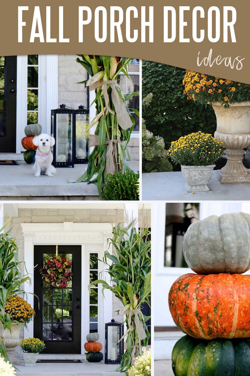  traditional fall decor with a gorgeous pumpkins, corn stalks, and lanterns 