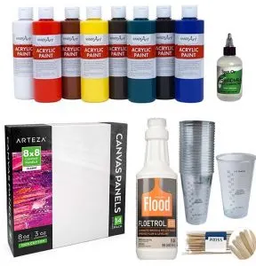 "Fluid Art Starter #1" Acrylic pouring set for beginners - can be the best gift idea for any occasion like retirement, birthday, Christmas, etc. Becoming a fluid artist is easy and fun! Learn acrylic pour painting - you'll not regret it!