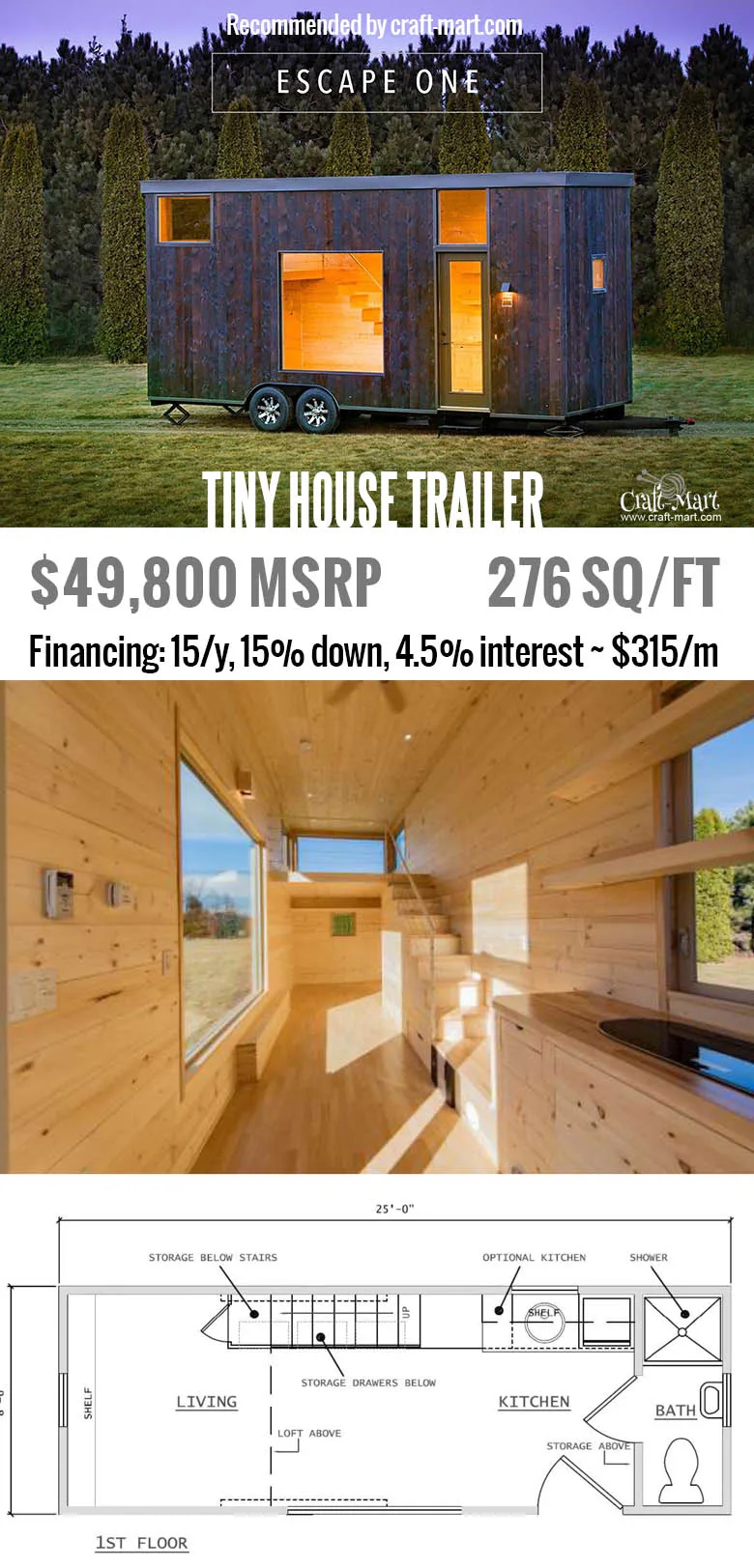 Escape One tiny house on wheels -  interior and floorplan