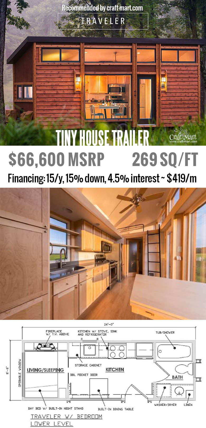 Traveler model has huge windows & modern interior. Do you have a place to put one of these tiny houses? Get one of these for FREE and start earning money from renting it! Or simply buy one of the most beautiful tiny house trailers with easy financing starting from $195/m! #tinyhouse #tinyhouseplans #minimalism