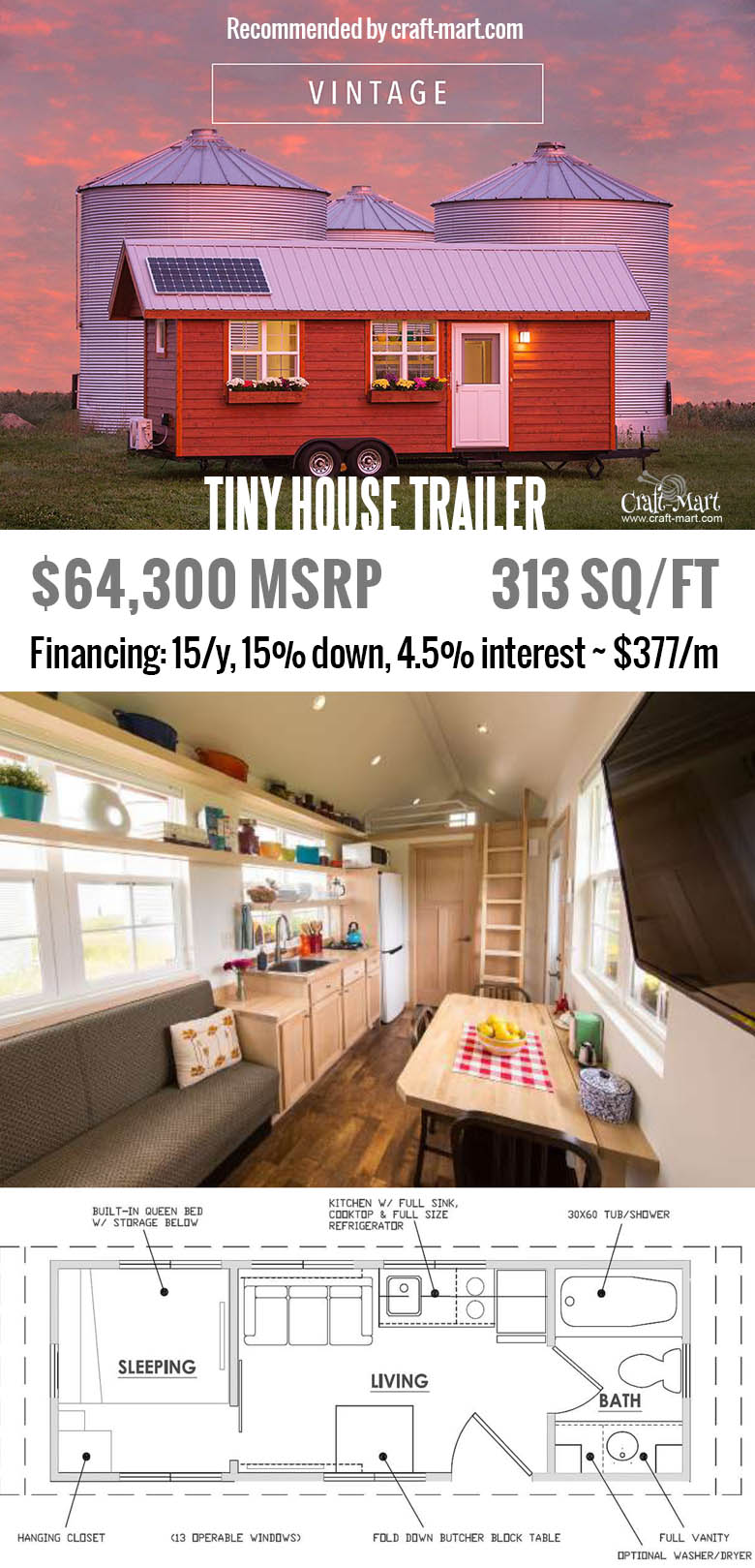 Vintage is full of light with a dozen, large opening windows. Do you have a place to put one of these tiny houses? Get one of these for FREE and start earning money from renting it! Or simply buy one of the most beautiful tiny house trailers with easy financing starting from $195/m! #tinyhouse #tinyhouseplans #minimalism