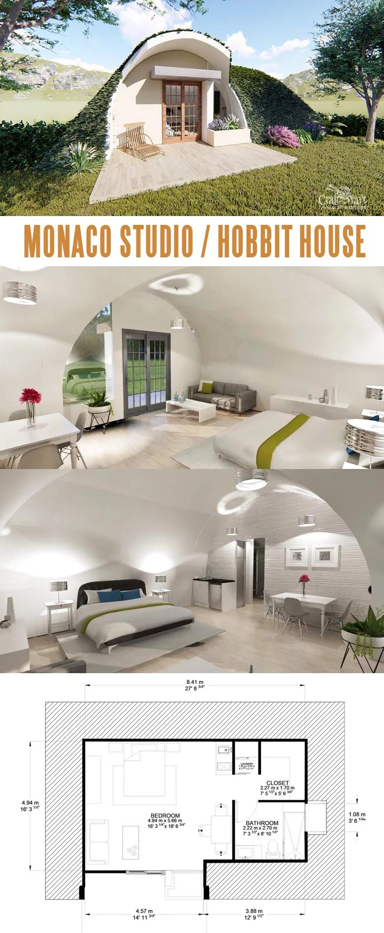 Monaco Studio (Tiny Hobbit House). Modular units can be interconnected creating luxury Hobbit estates.