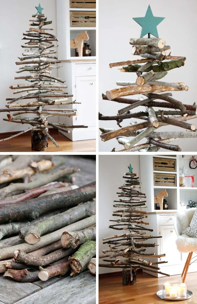 How to decorate a small living room for Christmas - DIY Wooden Branches Christmas Tree #smallspaces #tinyhouseliving #smallspaceliving #alternativechristmastree #christmastreedecorideas #easyDIYdecor #hygge #scandinaviandecor