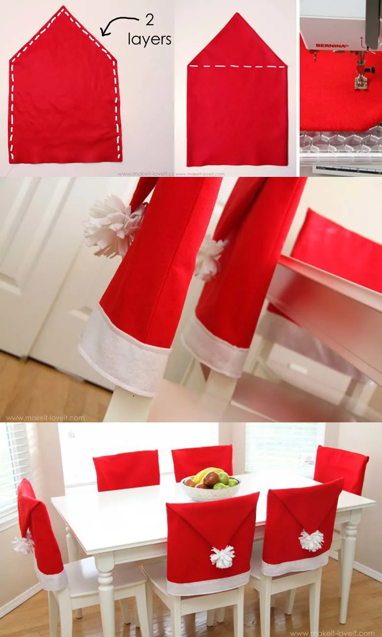 How to decorate a small living room for Christmas - Santa Hat Chair Covers #smallspaces #tinyhouseliving #smallspaceliving #smallroomdecor #christmasdecorideas #DIYSantaHatChairs