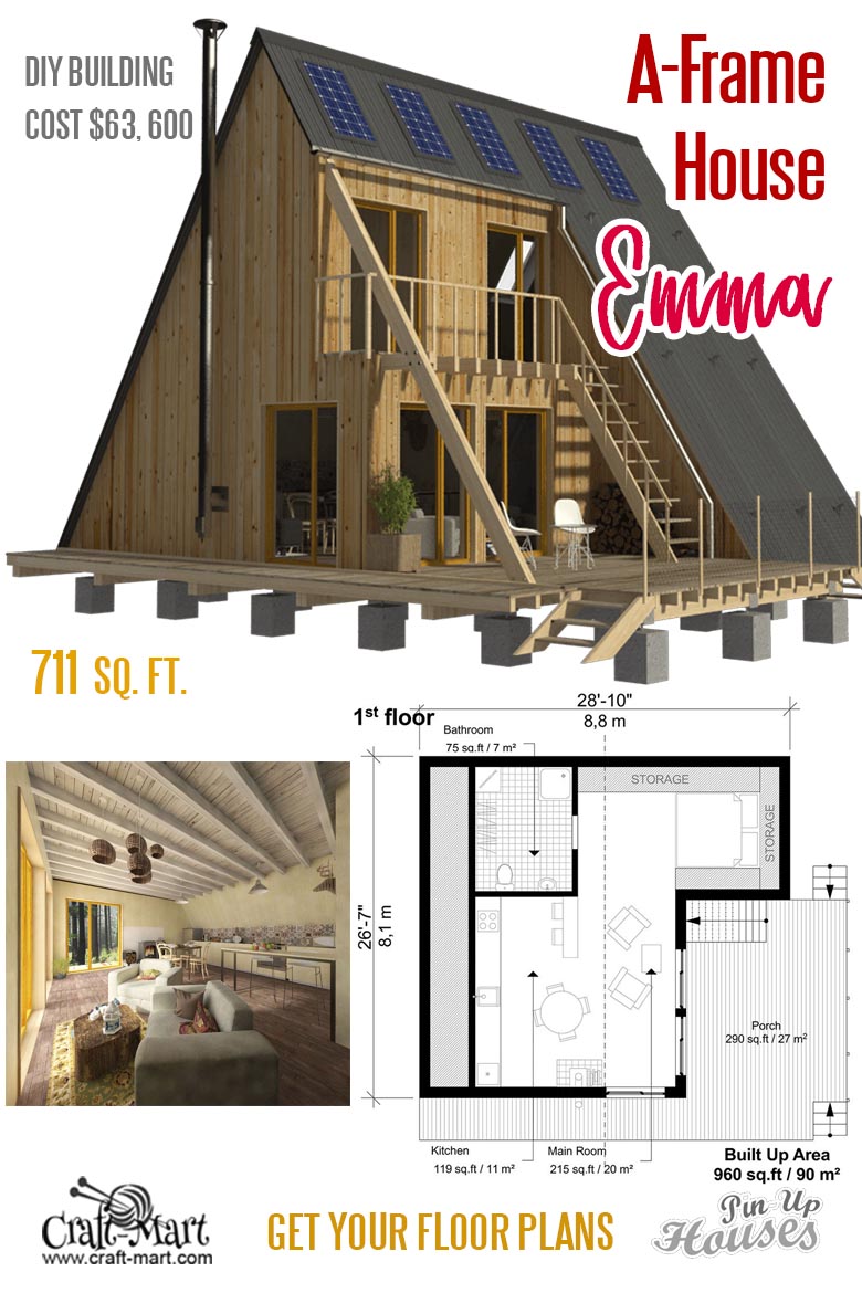 A-frame small house plans with a loft and a porch - Emma