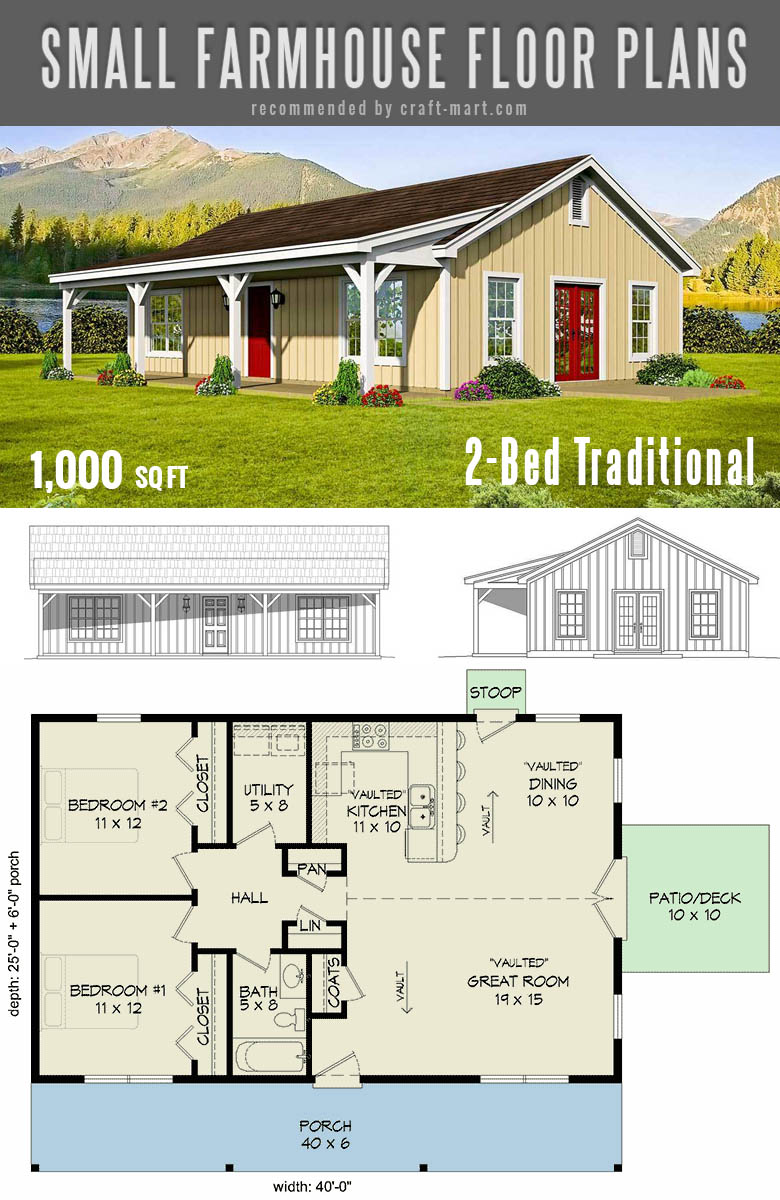 1000 sq ft farmhouse plans with 2 bedrooms