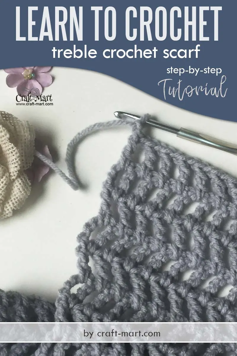 Learn to crochet fast treble crochet scarf - step-by-step treble crochet tutorial and free unique crochet scarf pattern for beginners by craft-mart #fastcrochetscarf #learntocrochet #treblecrochetpattern #triplecrochetpattern #fasttreblecrochetscarf #uniquecrochetscarfpattern #lacycrochetscarfpattern #moderncrochetscarf