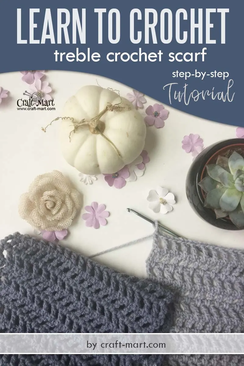 Learn to crochet fast treble crochet scarf - step-by-step treble crochet tutorial and free unique crochet scarf pattern for beginners by craft-mart #fastcrochetscarf #learntocrochet #treblecrochetpattern #triplecrochetpattern #fasttreblecrochetscarf #uniquecrochetscarfpattern #lacycrochetscarfpattern #moderncrochetscarf