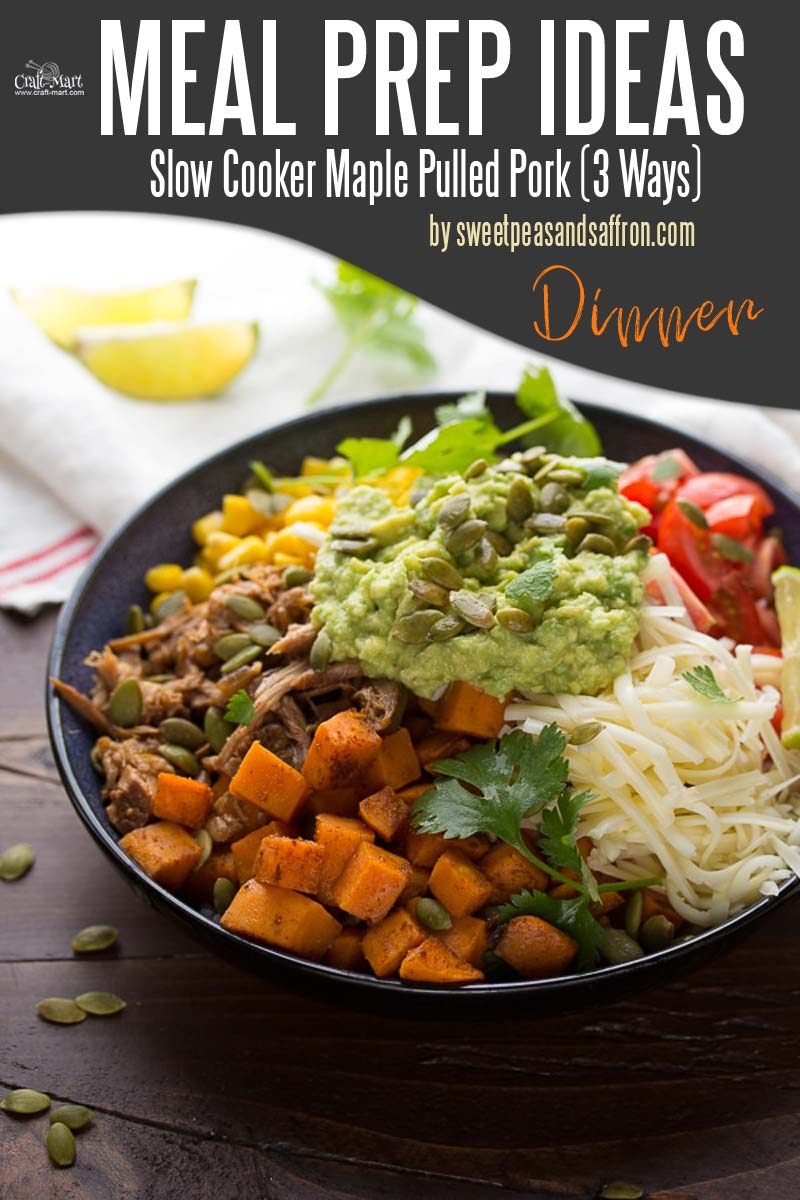 Easy and Healthy Dinner Meal Prep Ideas that will save you time and money - We love pulled pork! The beauty of this easy meal prep recipe is that you cook it once and then serve juicy meat three different ways: as pulled pork burrito bowls, maple pork tacos with veggie slaw, and maple pork butternut enchiladas. #easymealprepideas #healthymealprepideas #mealprep #mealpreprecipes