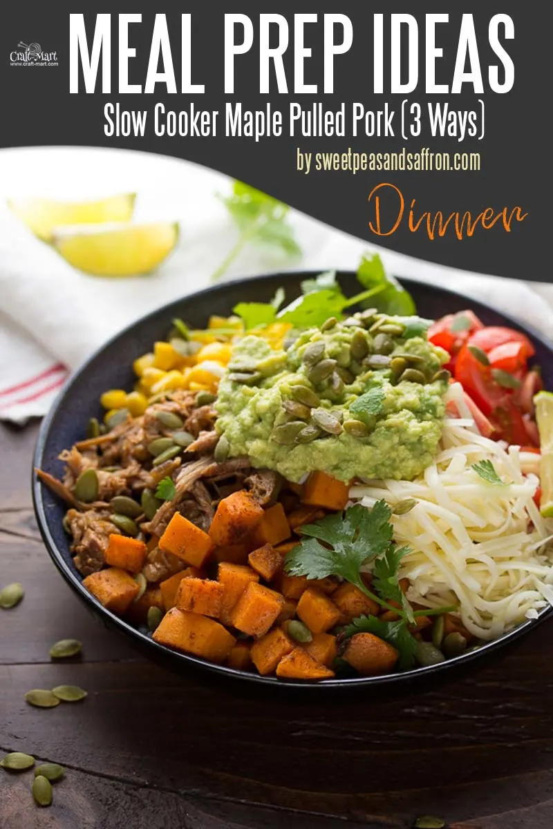 Easy and Healthy Dinner Meal Prep Ideas that will save you time and money - We love pulled pork! The beauty of this easy meal prep recipe is that you cook it once and then serve juicy meat three different ways: as pulled pork burrito bowls, maple pork tacos with veggie slaw, and maple pork butternut enchiladas. #easymealprepideas #healthymealprepideas #mealprep #mealpreprecipes