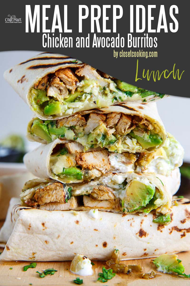 Easy and Healthy Lunch Meal Prep Ideas that will save you time and money - The ingredients for this healthy meal prep recipe are simple: juicy chicken, creamy avocados, salsa verde, and sour cream. Prep time: 15 minutes, cook time: 5 minutes. Consequently, in 20 minutes you can have mouth-watering home-made burritos that you can grill, slice, or freeze. #easymealprepideas #healthymealprep #mealprep #mealpreplunch
