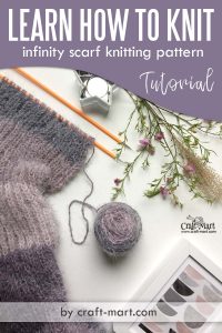 Learn how to knit an easy ribbed infinity scarf with a free pattern and tutorial by craft-mart.com #freeknittingpattern #caroncakepattern #easyinfinityscarf #learnhowtoknit