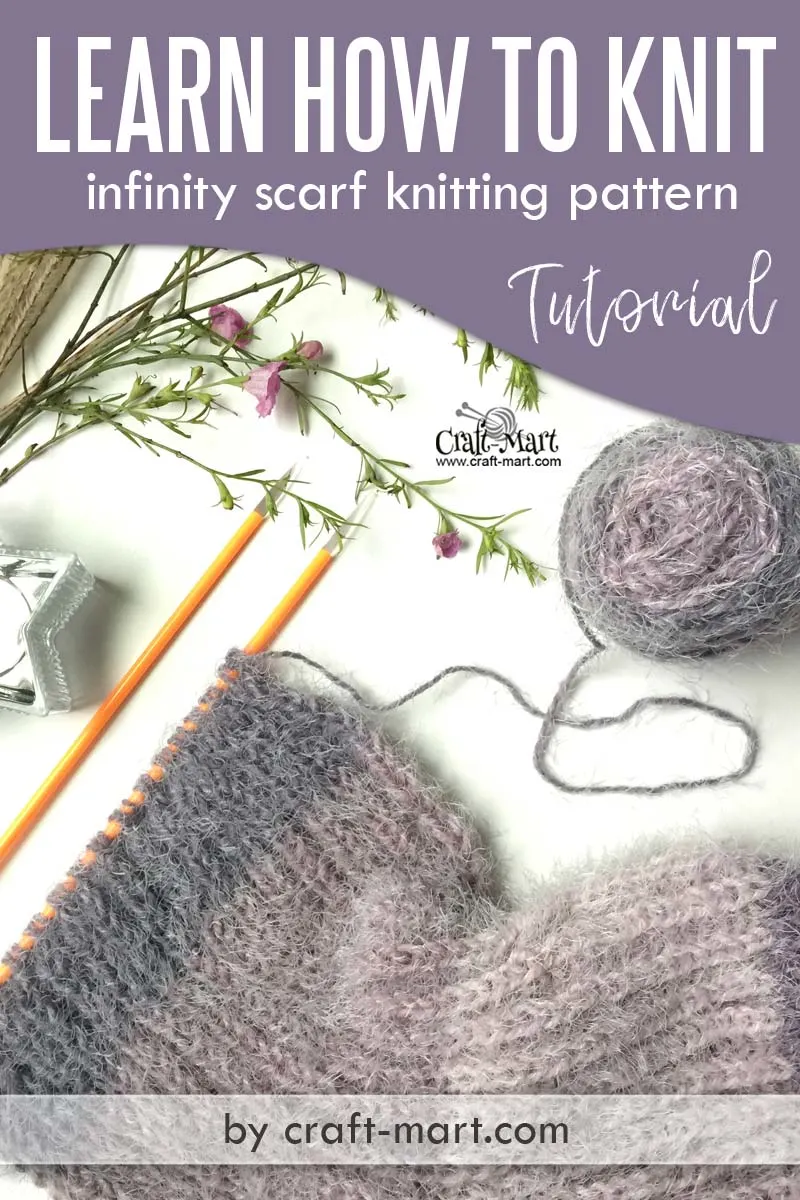 Knit Stitch Patterns: Learn how to knit an easy ribbed infinity scarf with a free pattern and tutorial suitable for beginners by craft-mart.com #freeknittingpattern #caroncakepattern #easyinfinityscarf #learnhowtoknit #knitting4beginners #knitstitchpatterns