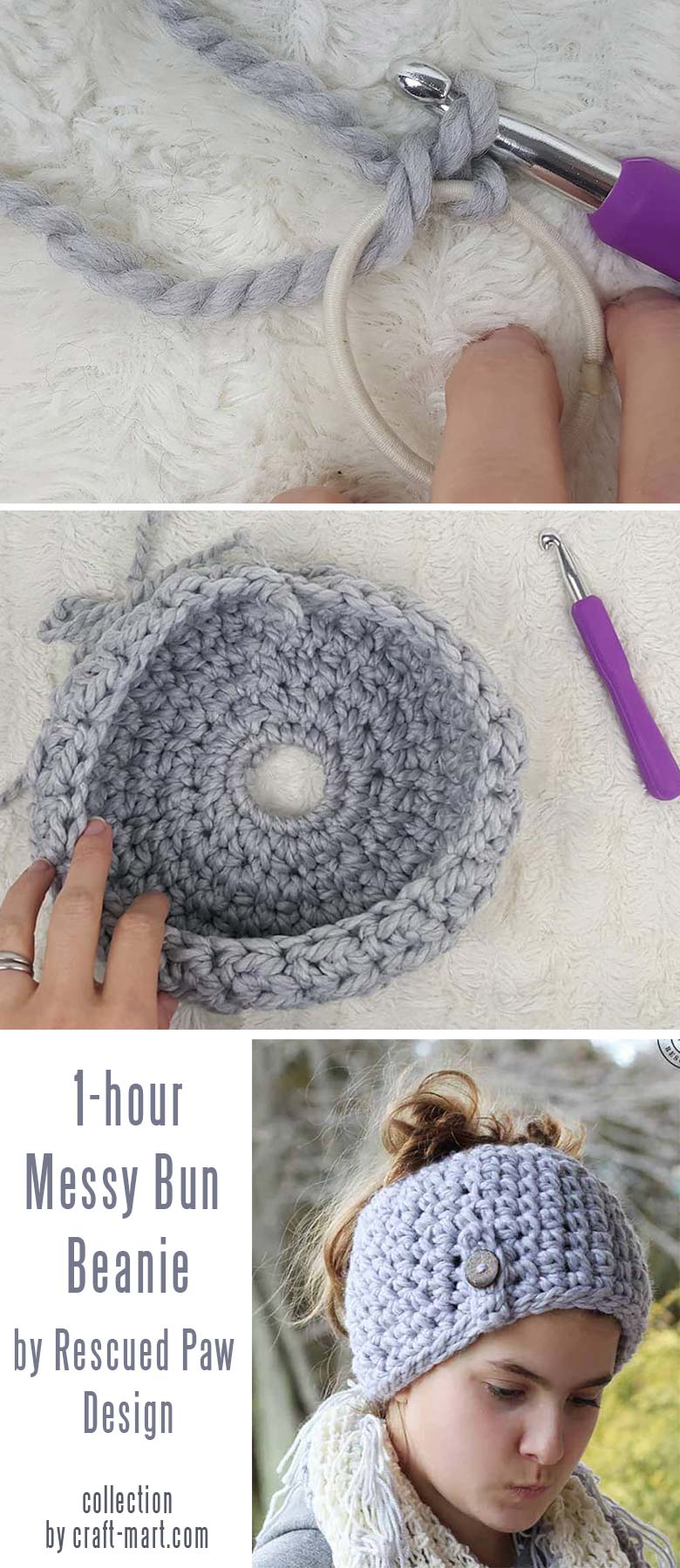 Learn to crochet a messy bun hat with 12 free patterns and tutorials - 1 Hour Crochet Messy Bun Beanie Pattern by Rescued Paw Designs #messybunhat #messybunbeanie #messybunhatpattern #freepatternmessybunhat #messybunbeaniecrochet