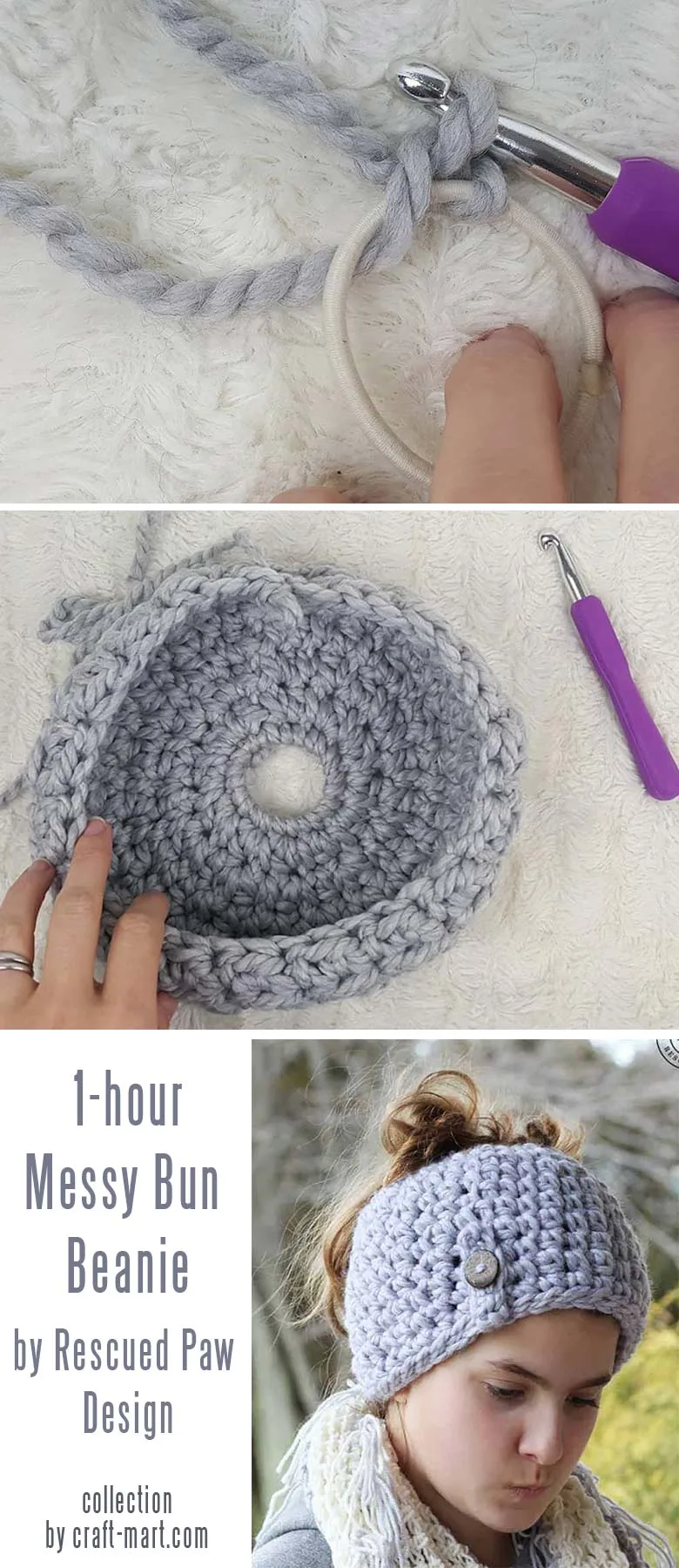 1-Hour Crochet Messy Bun Beanie Pattern by Rescued Paw Designs