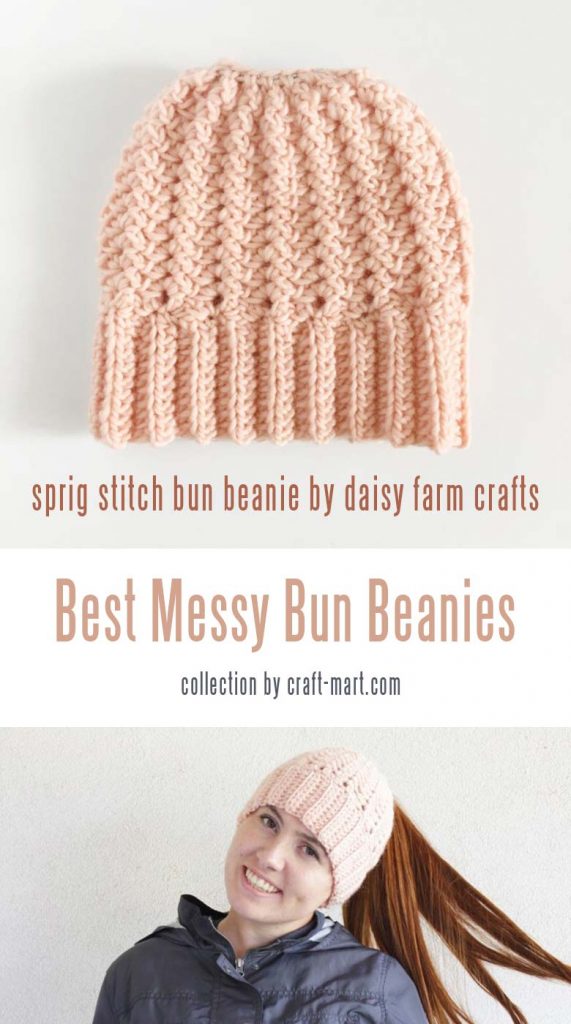 Crochet Sprig Stitch Messy Bun Beanie Pattern by Daisy Farm Crafts