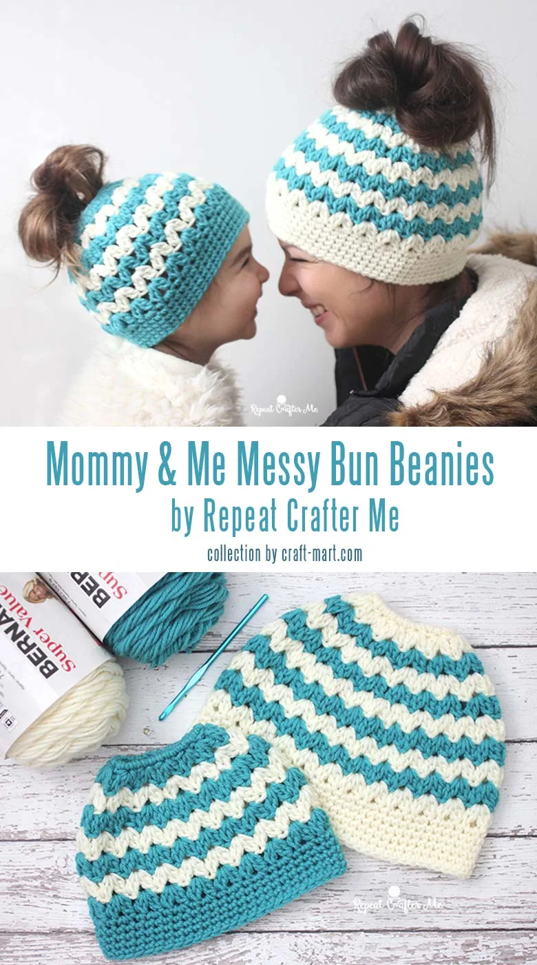 Crochet Mommy and Me Messy Bun Hats by Repeat Crafter Me