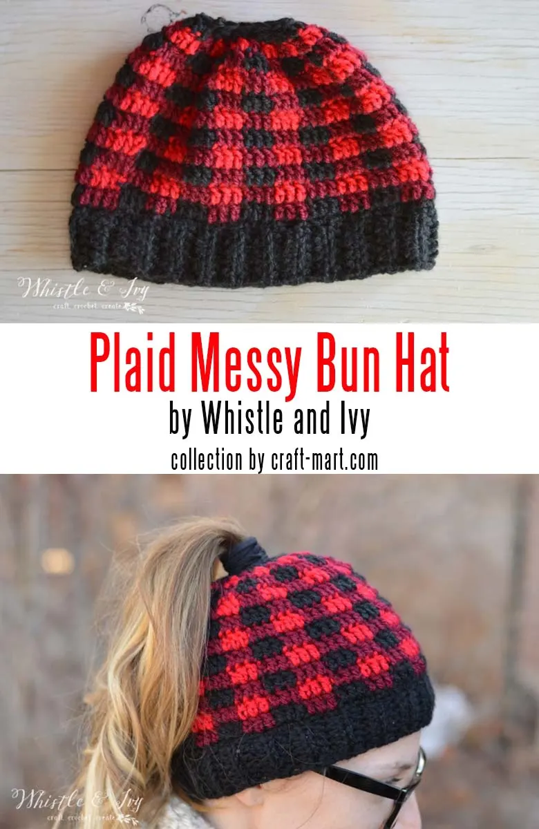 Crochet Plaid Messy Bun Hat Pattern