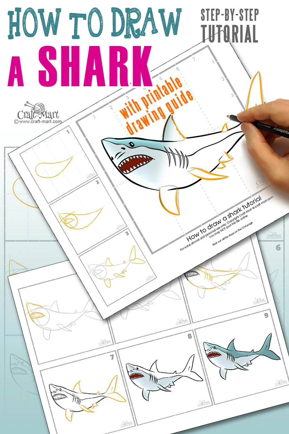 draw a shark step-by-step printable guide that will help beginners to learn all the basics of drawing a shark easy and fast!