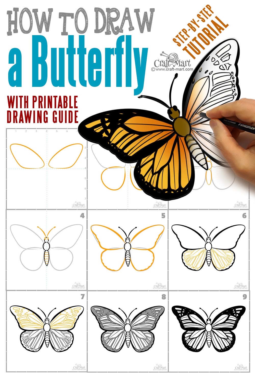 step-by-step butterfly drawing tutorial with printable guide