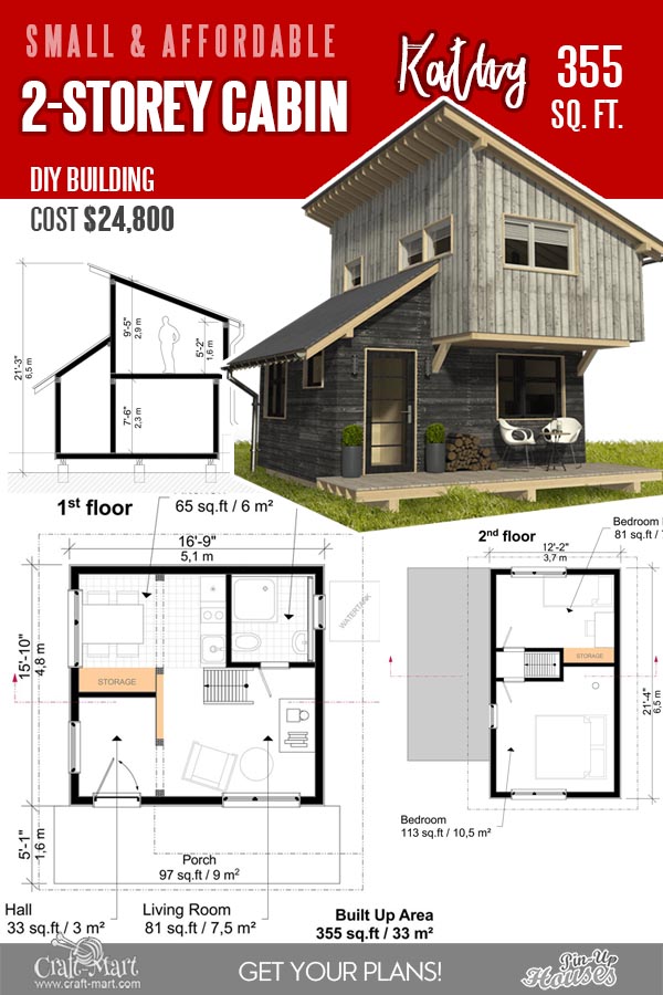 Two-story small cabin floor plans