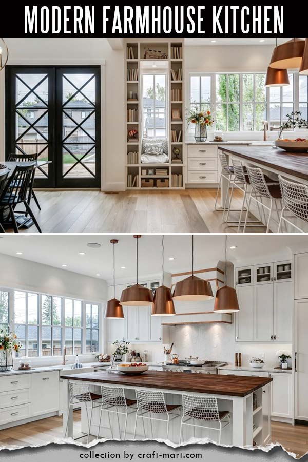 Rustic modern farmhouse kitchen with bronze light fixtures