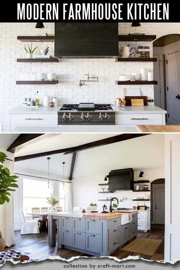 Rustic modern farmhouse kitchen with open shelving 
