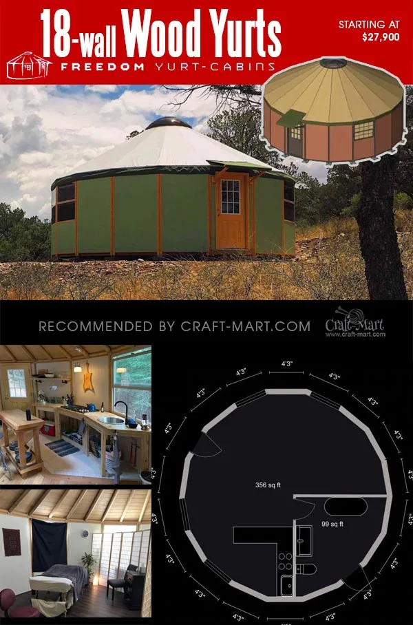 18-wall wooden yurt with interior views and a floor plan